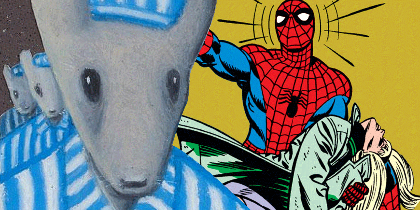 A split image of prisoners from Maus and Spider-Man with Gwen Stacy in Marvel Comics