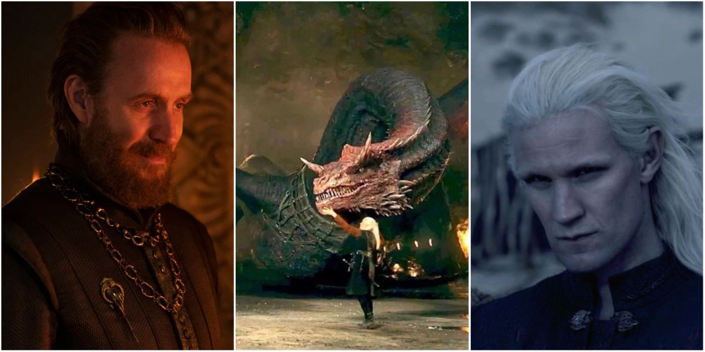 A split image of Otto Hightower, a dragon, and Daemon from the House of the Dragon