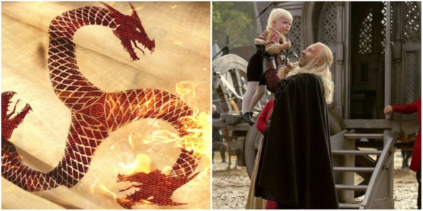 Things only book readers know about House of the Dragon split image: the Fire & Blood cover and Viserys holding his daughter