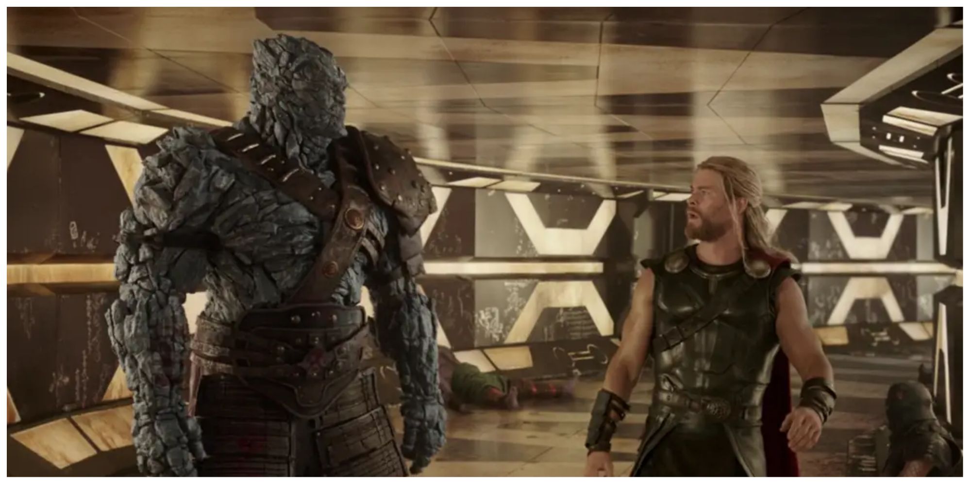 Chris Hemsworth as Thor and Taika Watiti as Korg