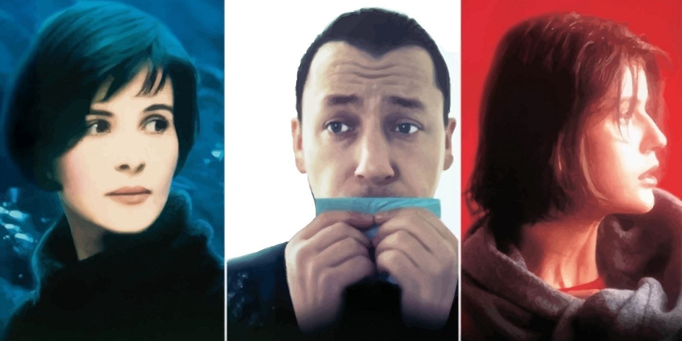A split image of protagonists from the Three Colors films: Blue, White, and Red.
