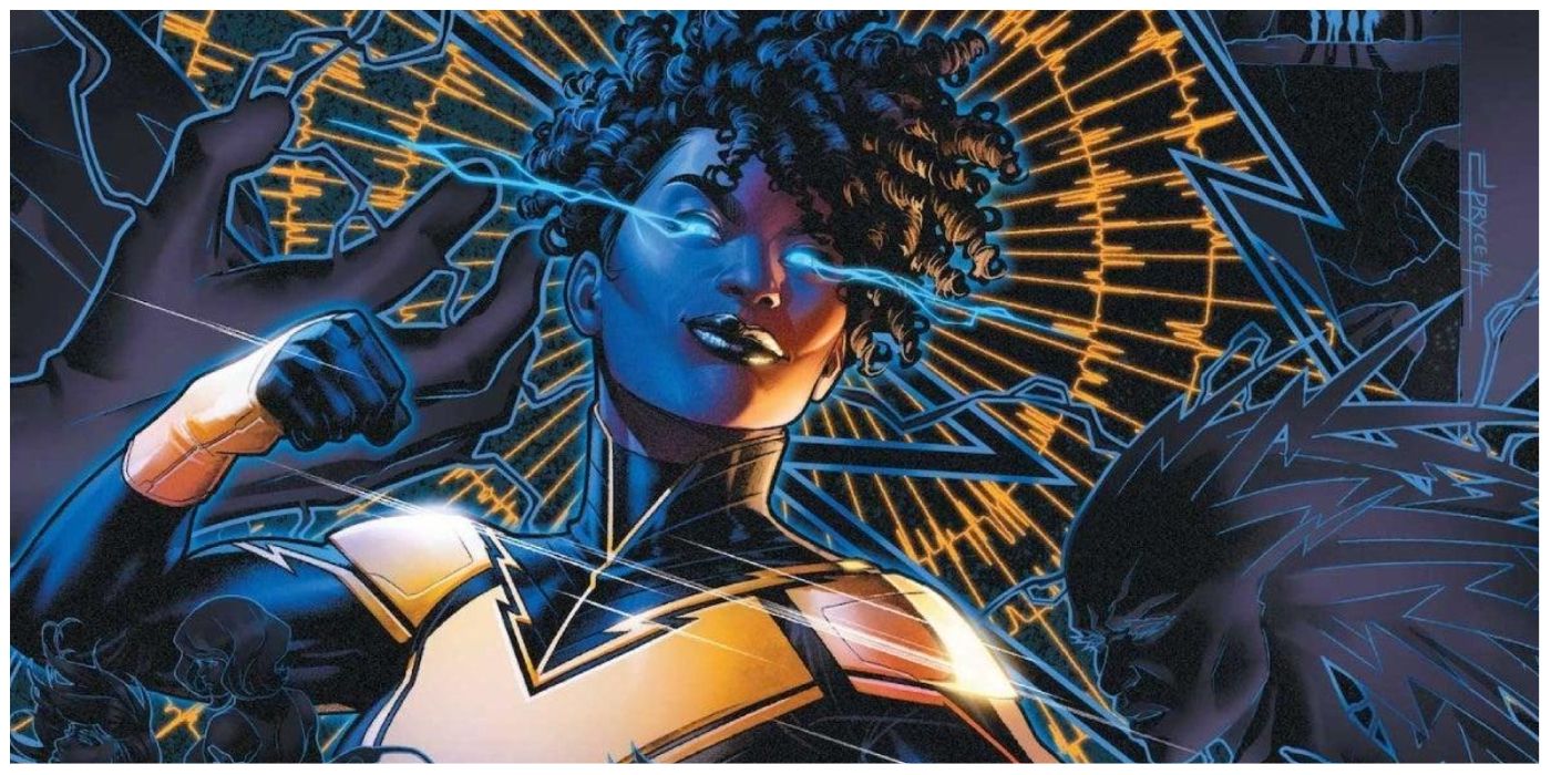 Thunder, with electricity flashing through her eyes in DC Comics