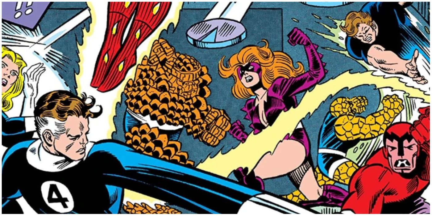 Titania and the Frightful Four fighting the Fantastic Four in Marvel comics