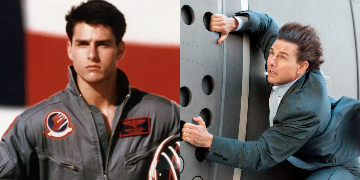 A split image of Tom Cruise as Maverick from Top Gun and as Ethan Hunt from Mission Impossible