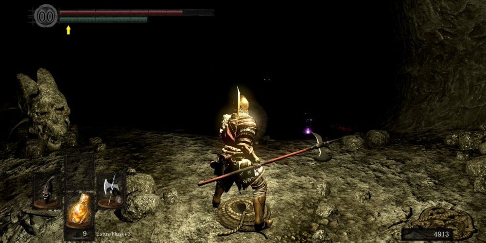 The pitch-black Tomb of the Giants in Dark Souls