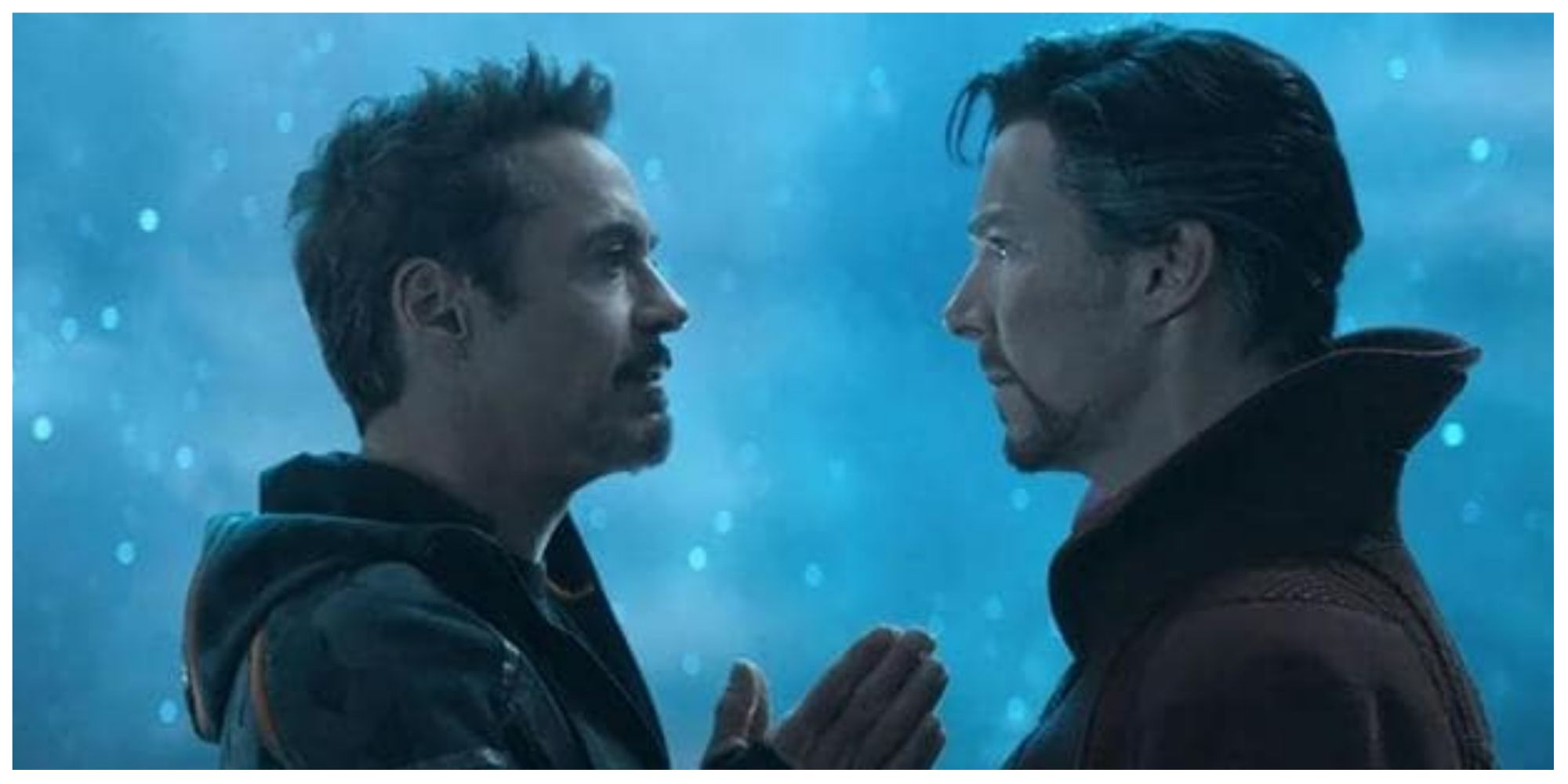 Robery Downey Jr. as Tony Stark and Benedict Cumberbatch as Doctor Strange 