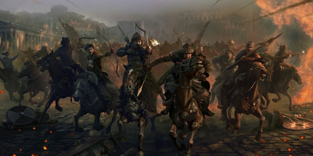 A Hun army attacking a city in Total War: Attila game