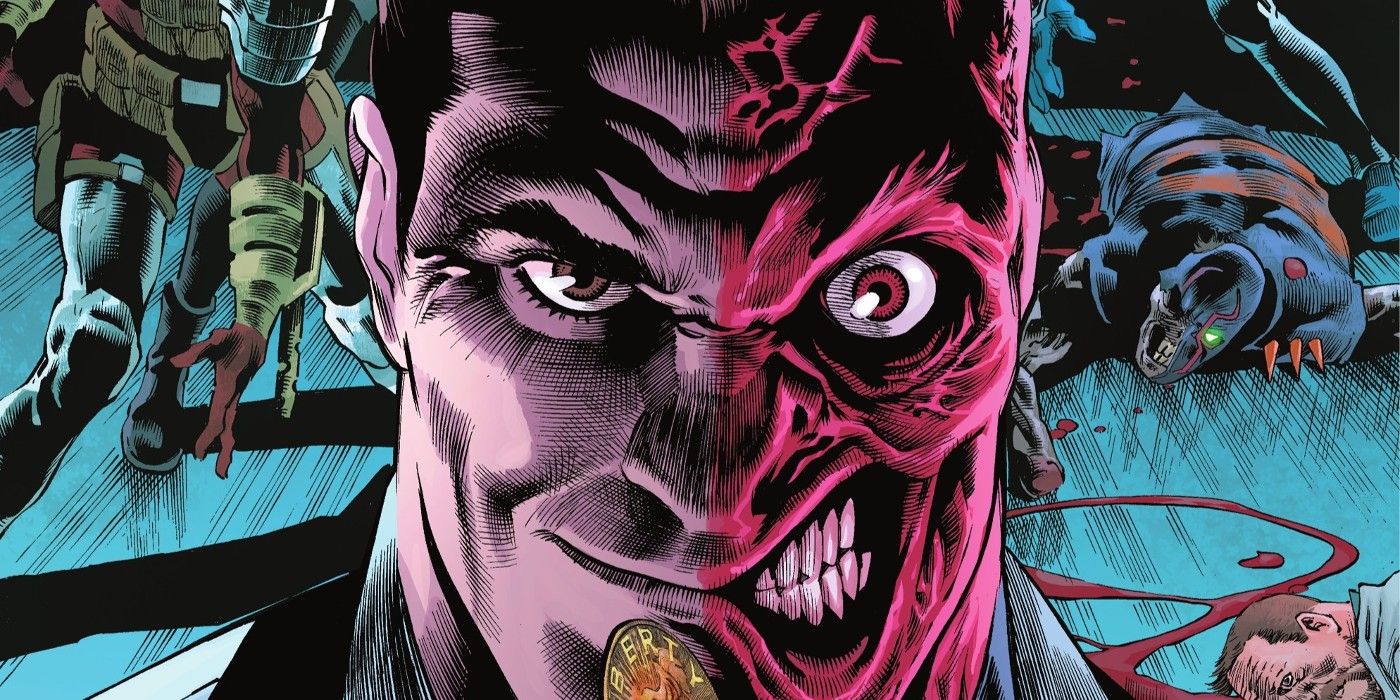 A close up of Two Face from Task Force Z