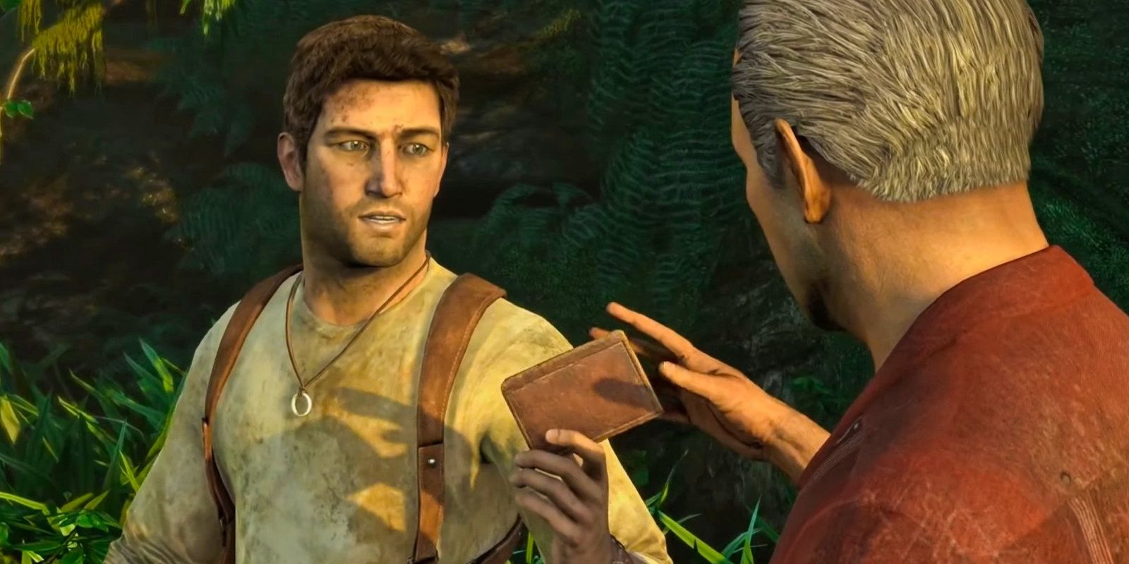 Nathan Drake hands Sully Sir Francis Drake's journal in Uncharted Drakes Fortune