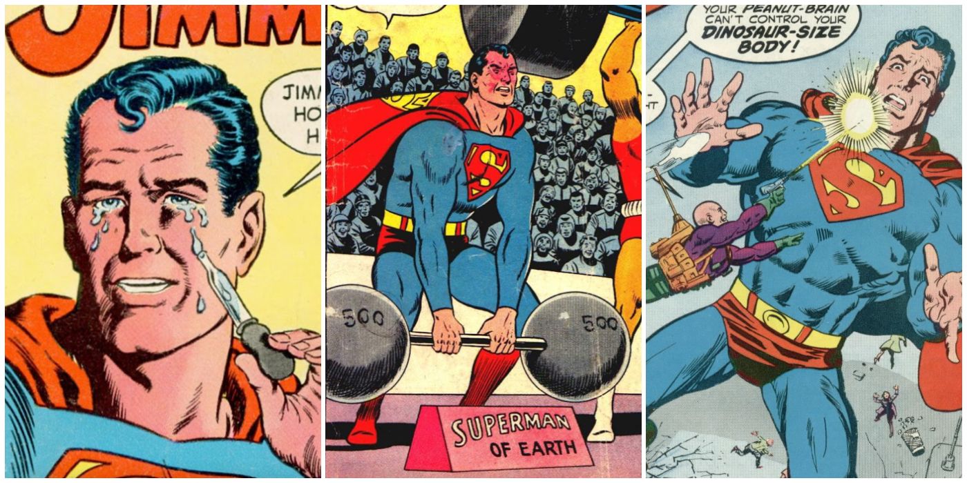 A split image of Superman crying, Superman struggling to lift weights, and Superman stumbling around as a giant