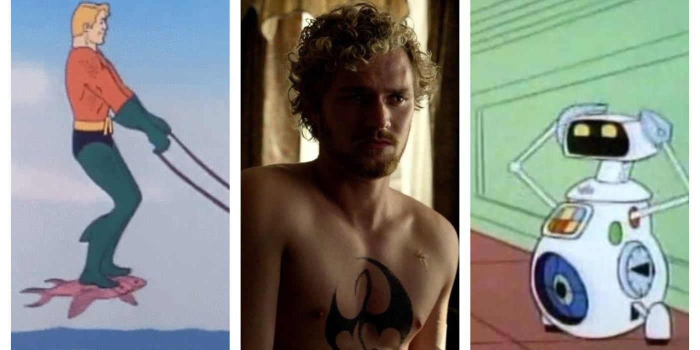 A split image of animated Aquaman, Netflix's Iron Fist, and Marvel's H.E.R.B.I.E.
