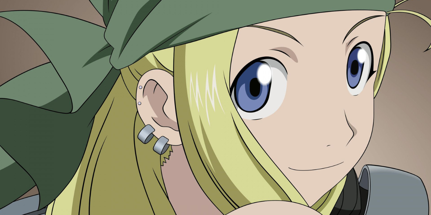 Winry looking over her shoulder and smiling in Fullmetal Alchemist: Brotherhood.