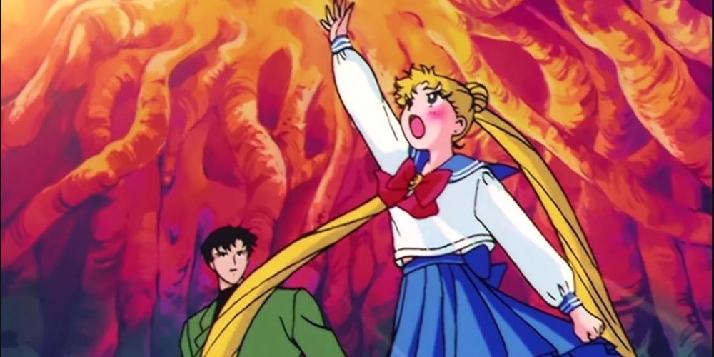 Usagi se transforme devant Mamoru dans Sailor Moon dans l'ascenseur Negaverse