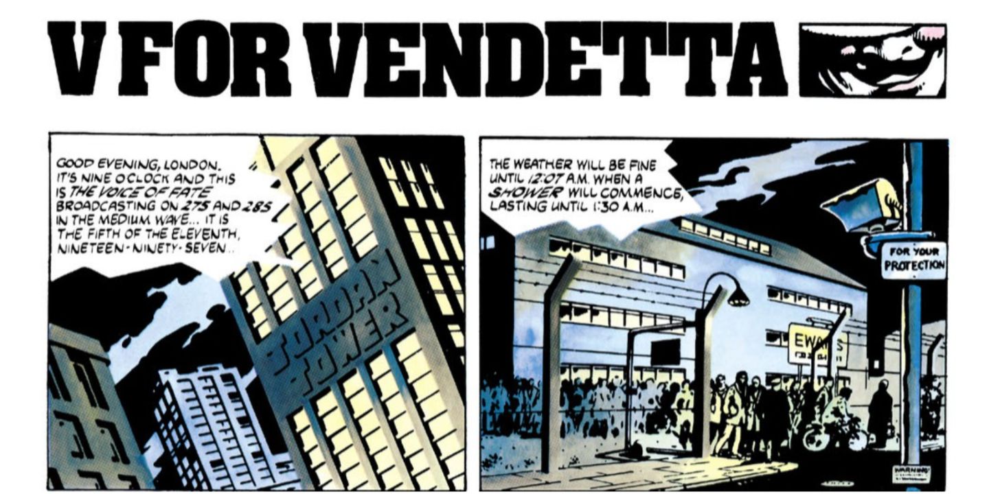 Images of a dark London, where workers are herded out of factories onto trains, in V For Vendetta