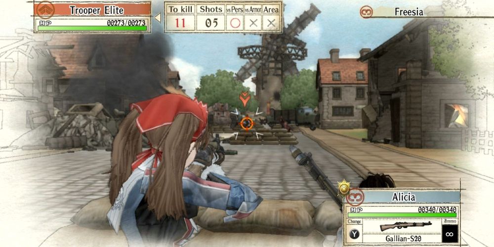 Alicia shooting an enemy in Valkyria Chronicles game