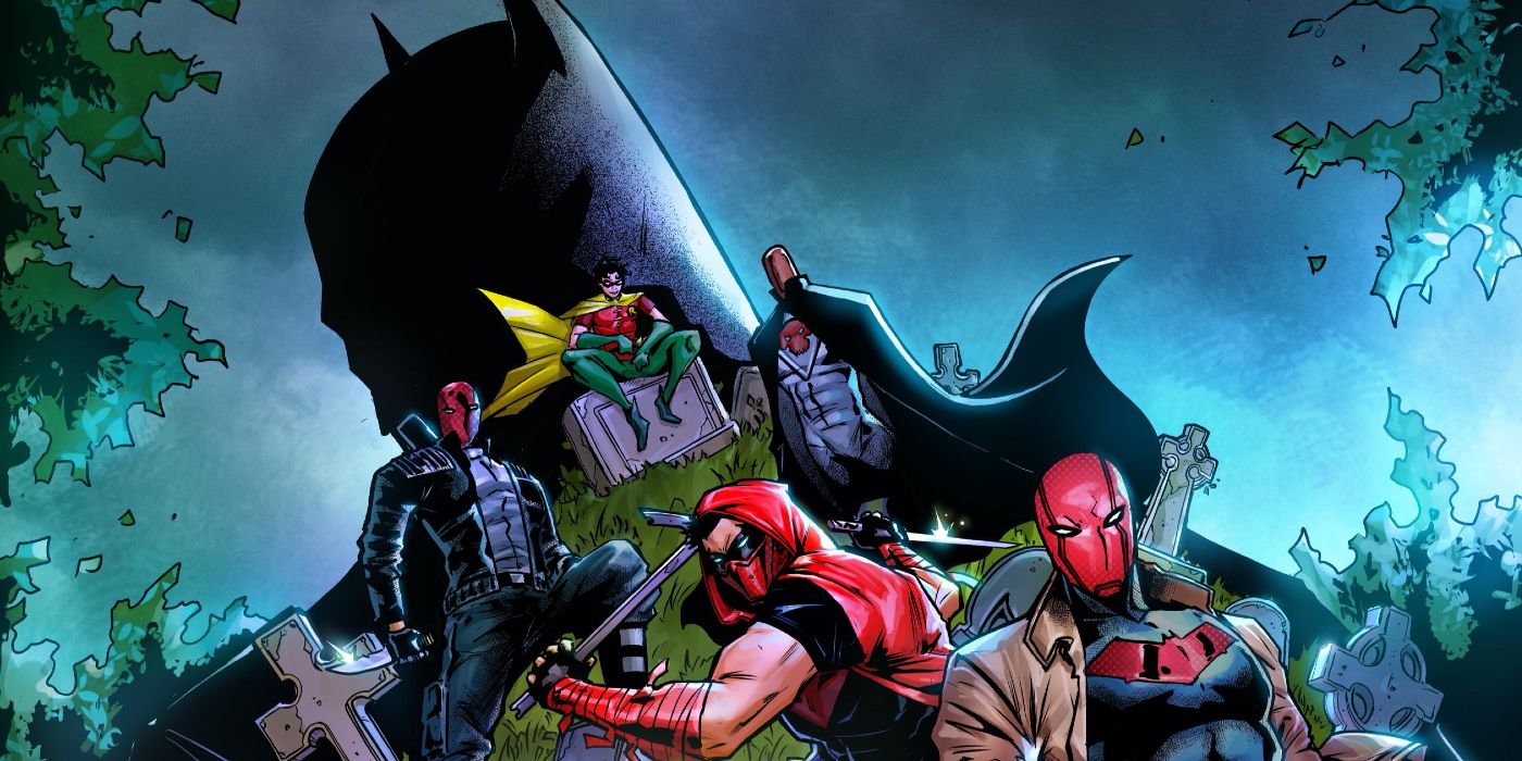 Various iterations of Jason Todd, with Batman's silhouette in the background