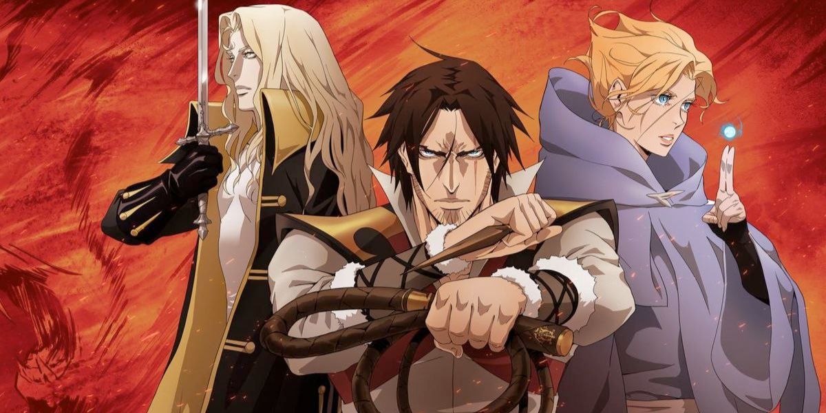 Alucard, Trevor Belmont, and Sypha Belnades posing with their weapons (Castlevania).