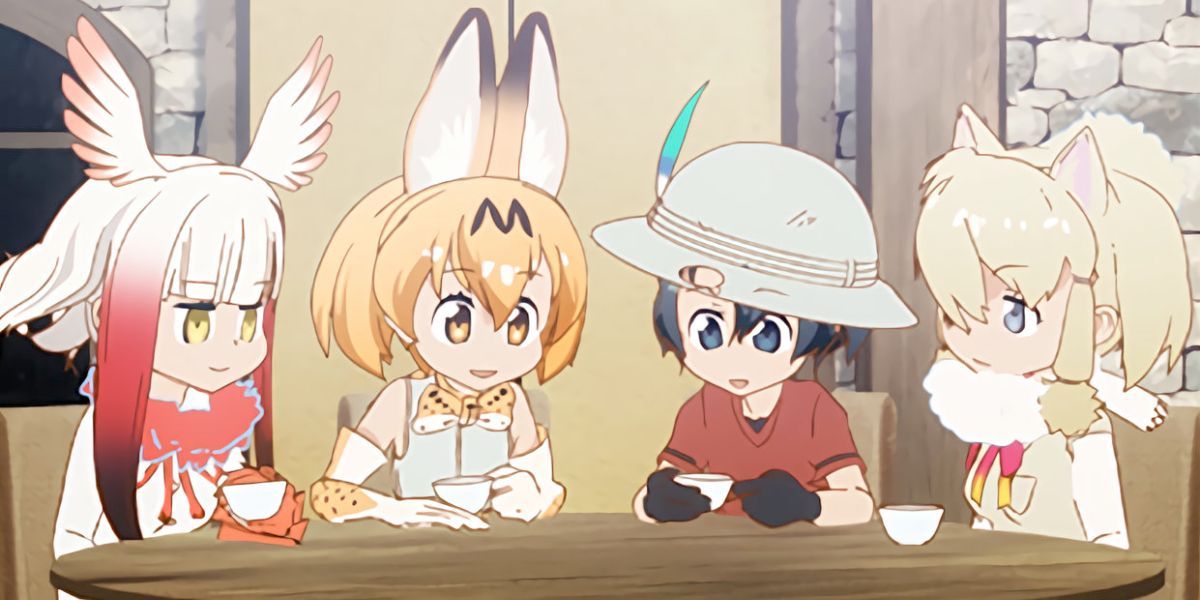 Kaban sitting at a table with some of the "Friends" (Kemono Friends)