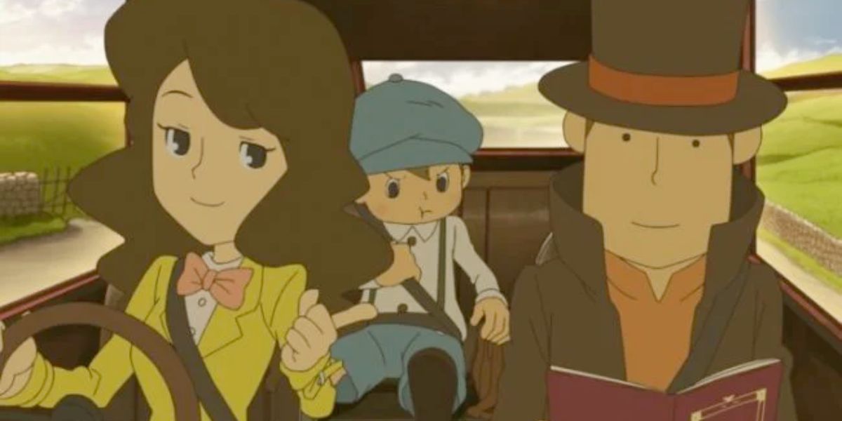 Professor Hershel Layton and Luke Triton riding in Emily Altava's car (Professor Layton)