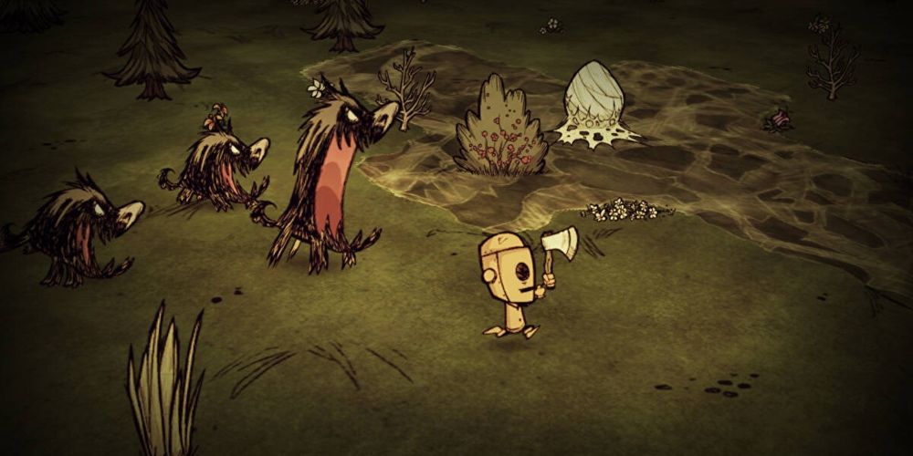 WX-78 running from hounds in Don't Starve game.