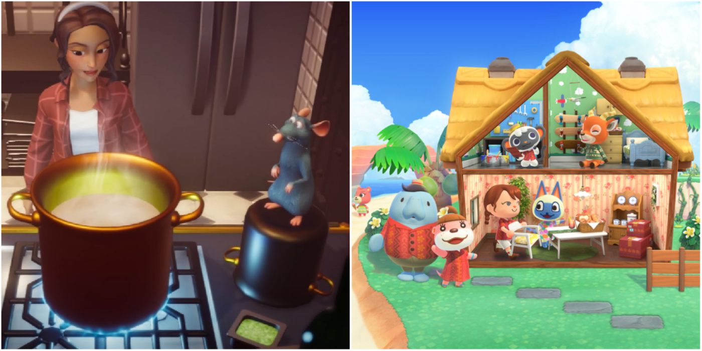 A split image featuring a character cooking with Remy in Disney Dreamlight Valley and a character hanging out with villagers in Animal Crossing New Horizons