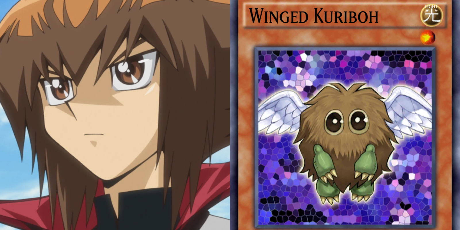 A collage of Winged Kuriboh and Jaden Yuki