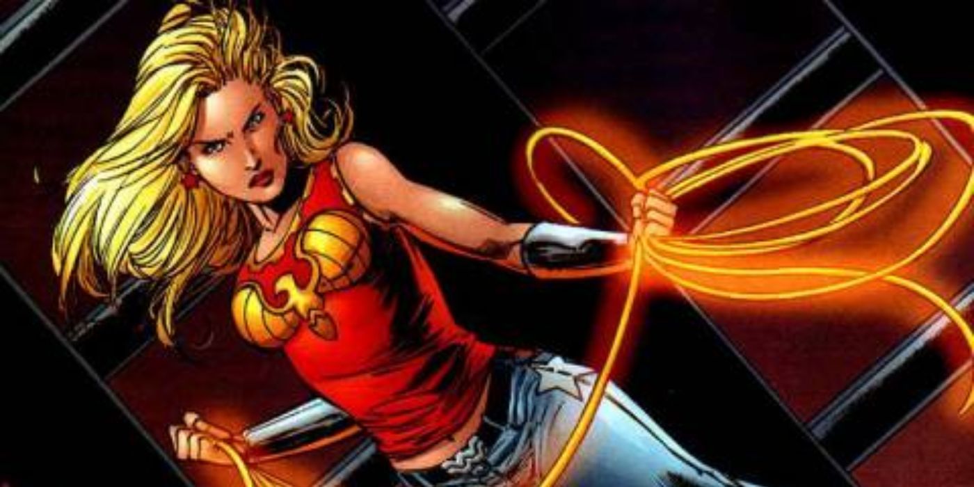 DC Comics' Wonder Girl with her lasso wearing jeans and a T-shirt