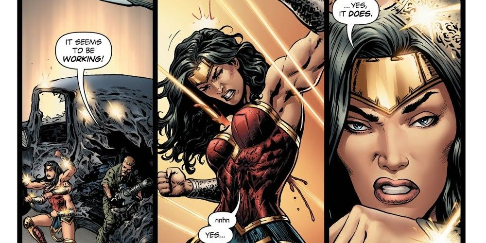 Wonder Woman shields Steve Trevor from gunfire but is hit by a bullet