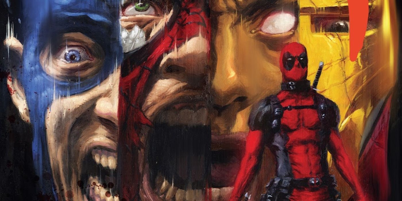Deadpool in front of the faces of screaming heroes in Marvel Comics