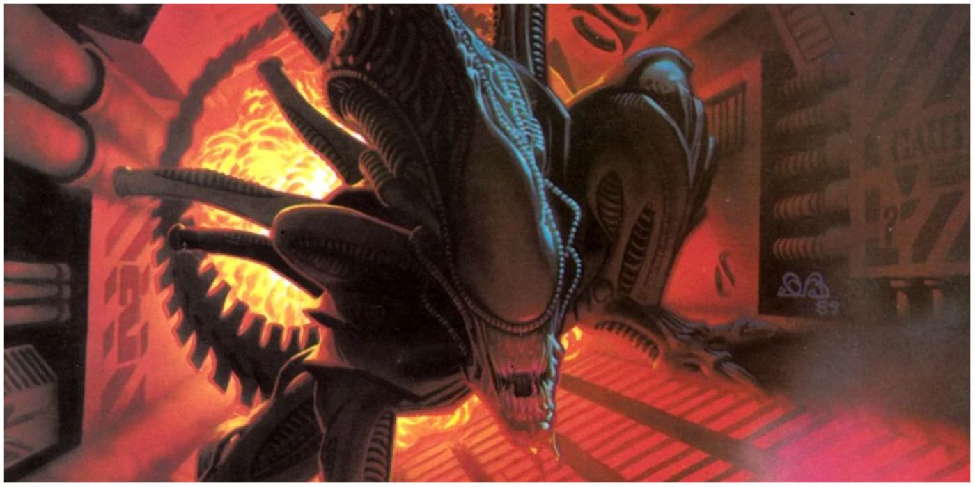 Xenomorph crawling through a hallway with fire in the background in Dark Horse comics