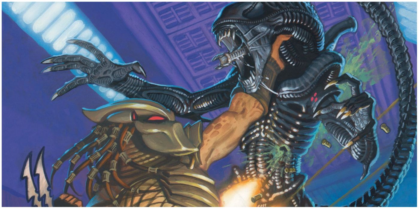 Yautja holding a xenomorph in the air by its throat in Dark Horse comics