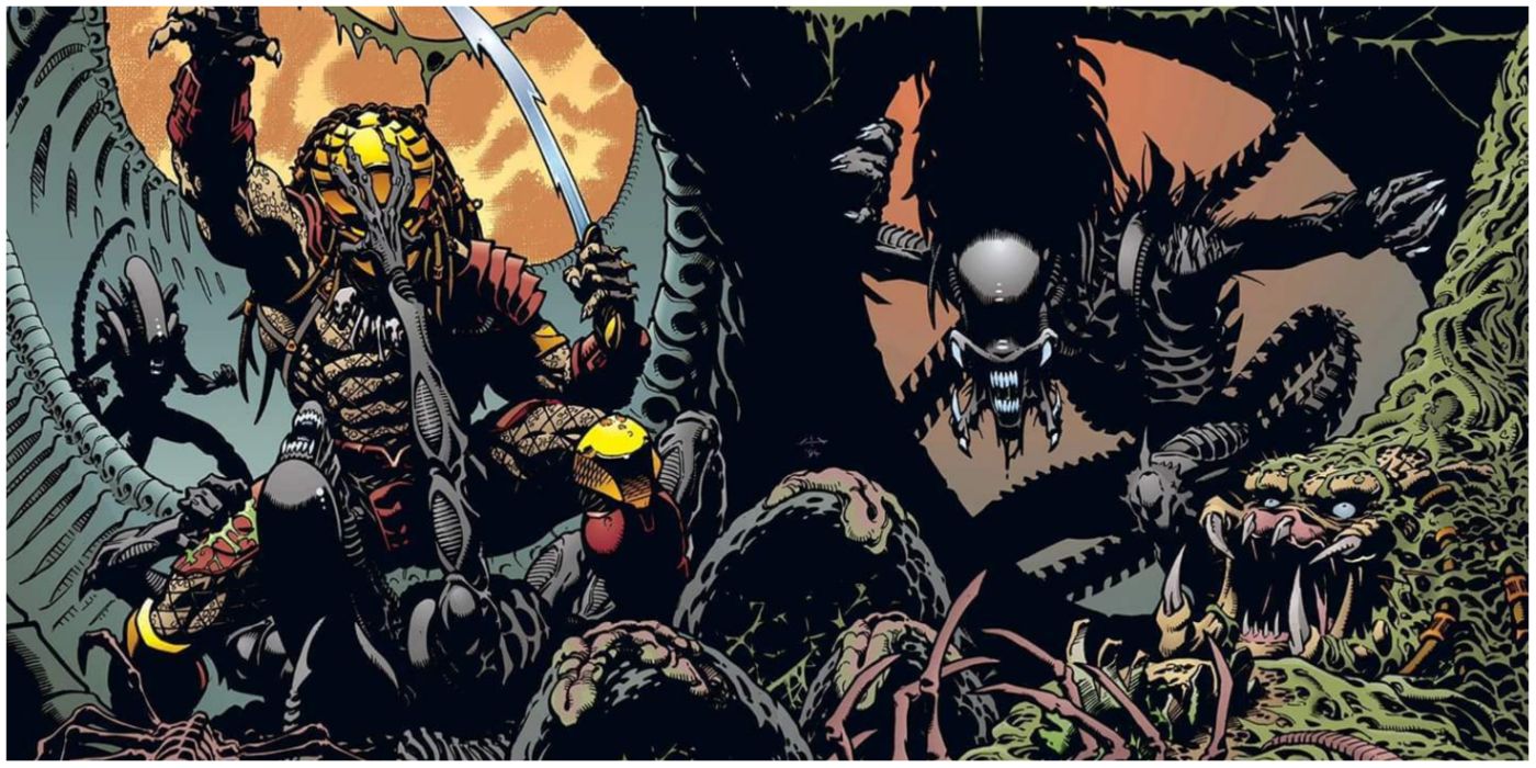 Yautjas and Xenomorphs fighting in a Xenomorph nest in Dark Horse Comics