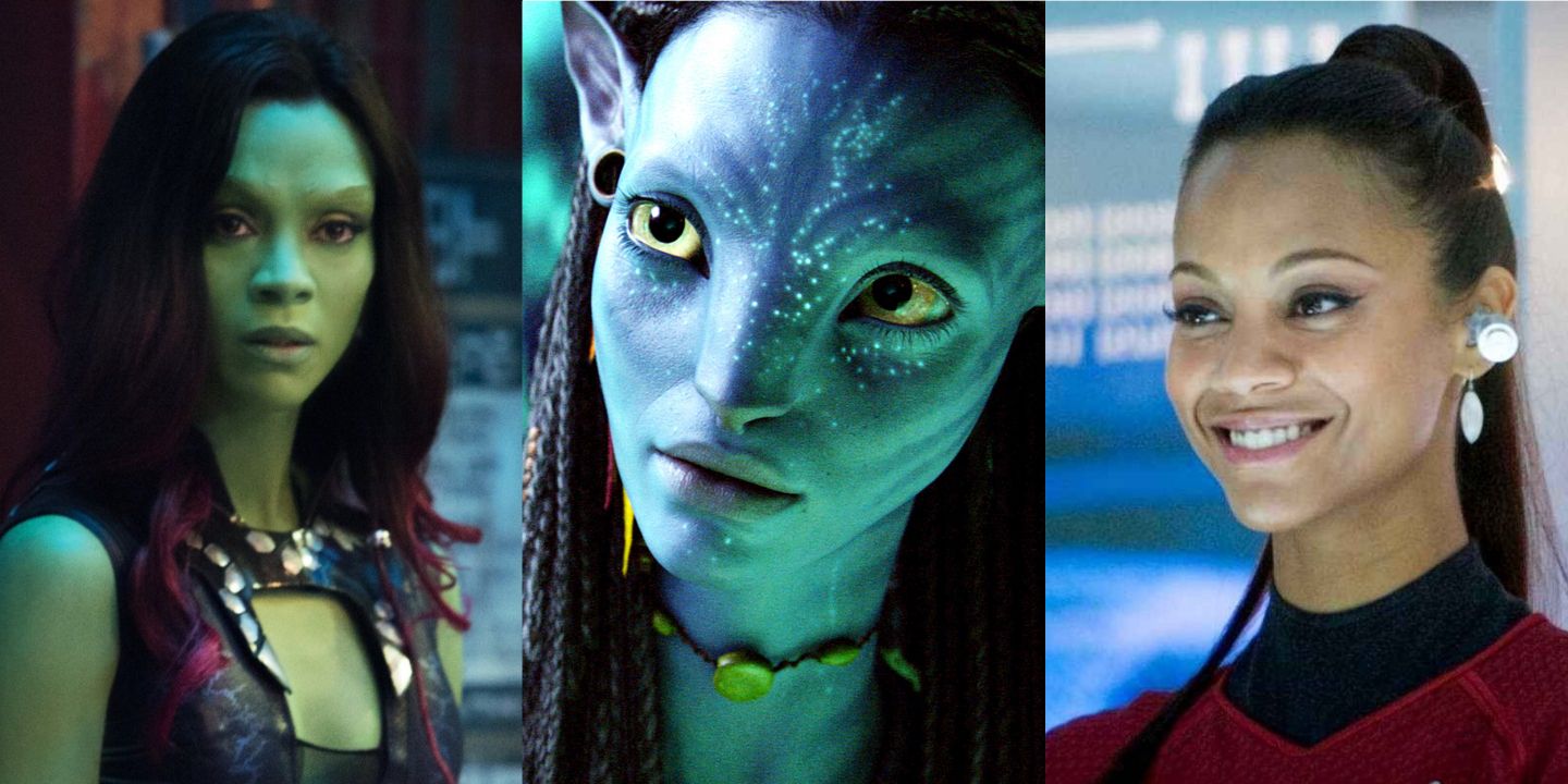 A split image of Zoe Saldana as Gamora from The Guardians of the Galaxy, as Neytiri from Avatar, and as Uhura from Star Trek