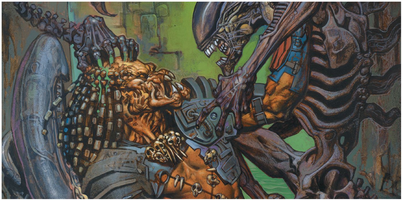 a Yautja fighting off two Xenomorphs at once in Dark Horse Comics