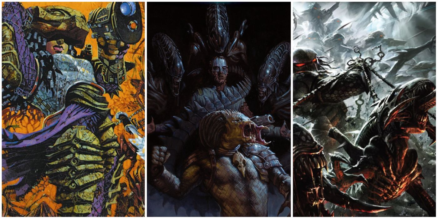 a human in Yautja armor, Xenomorphs surrounding a man, and an army of Yautja and Xenormorphs side by side in Dark Horse comics