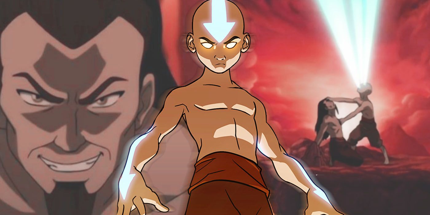 Aang undergoes the Avatar State; in the background, he removes Ozai's bending.