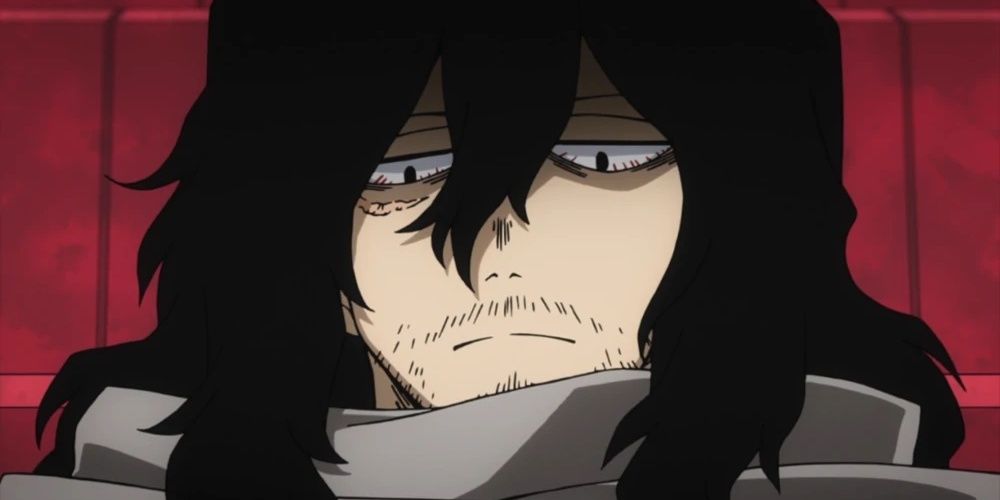 Aizawa/Eraser Head looking down and frowning in My Hero Academia.