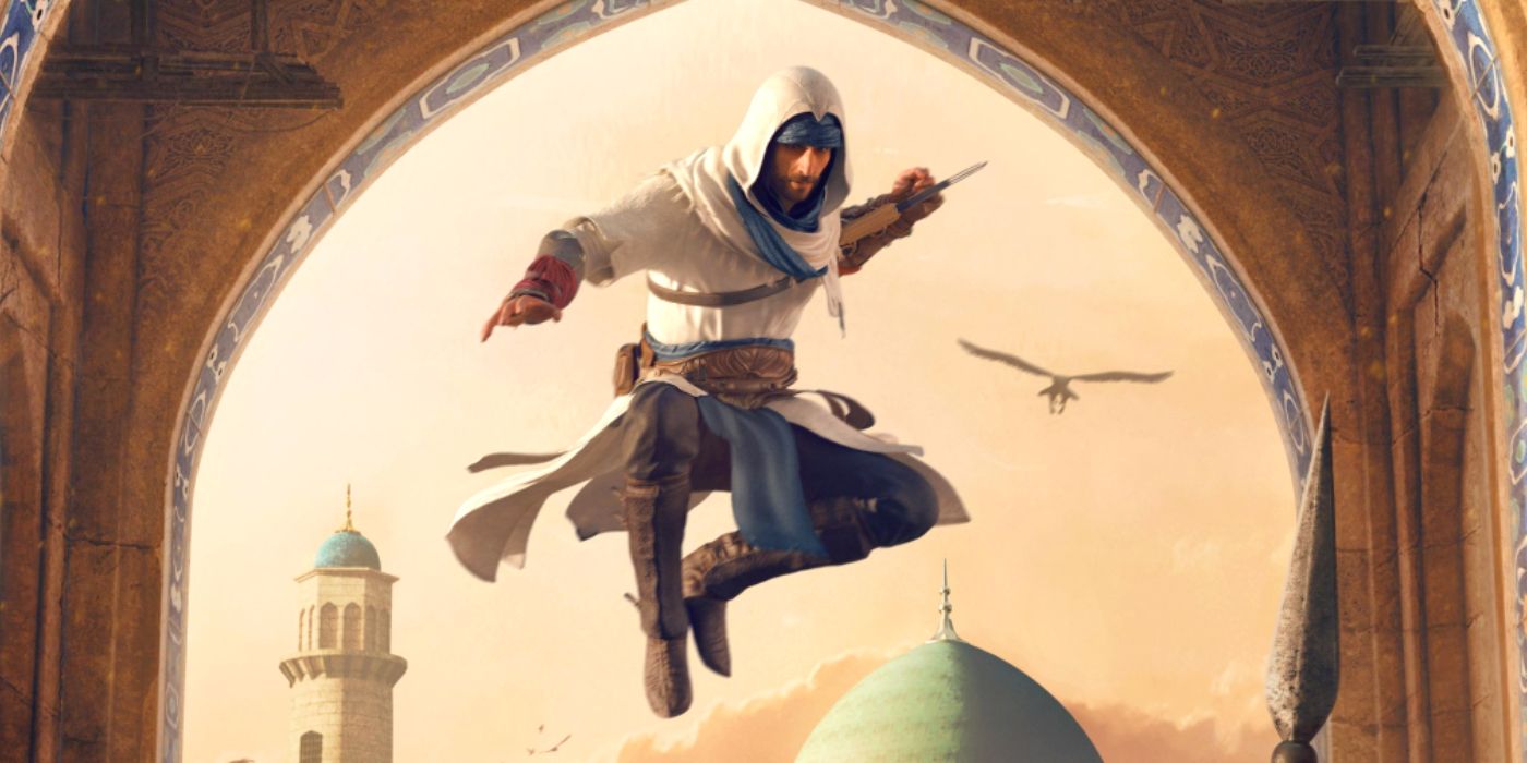 Assassin's Creed's Basim jumps through the air with his hidden blade extended