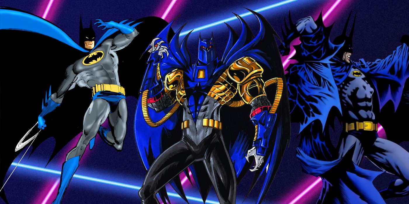 Three images of Batman in the 90s: Bruce Wayne, Azrael, and Bruce Wayne with longer bat ears, in DC Comics