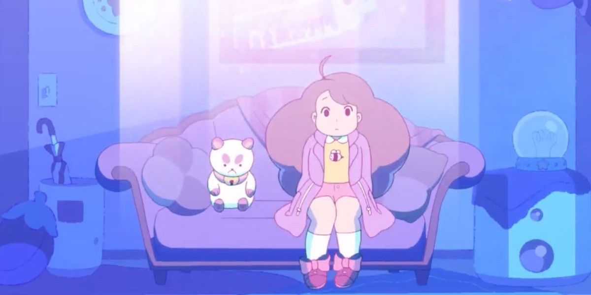 Puppycat and Bee sit on the couch in Netflix's Bee and Puppycat