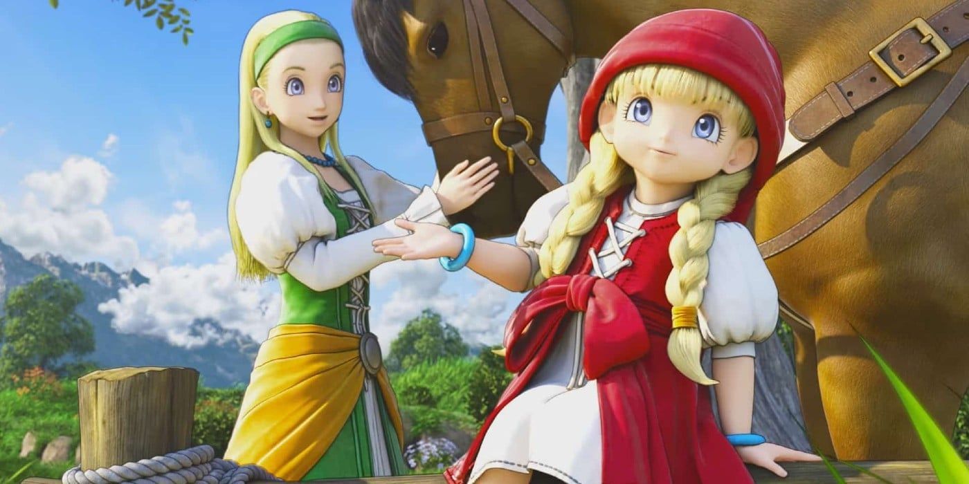 Serena and Veronica from Dragon Quest XI stroking a horse