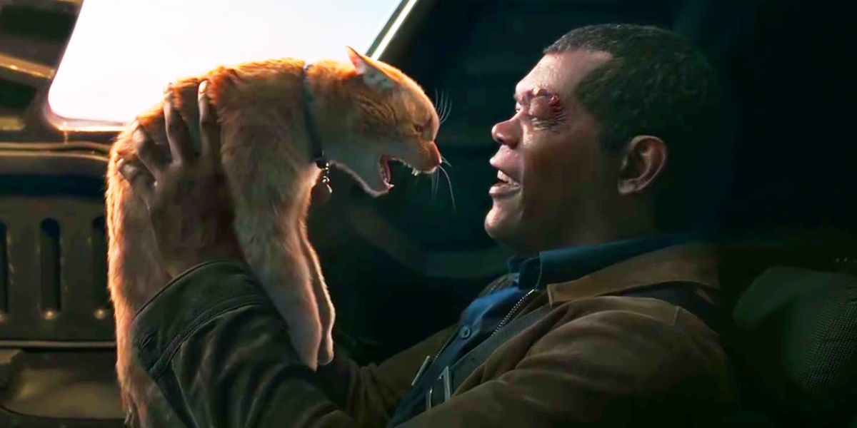 Nick Fury and Goose in Captain Marvel.