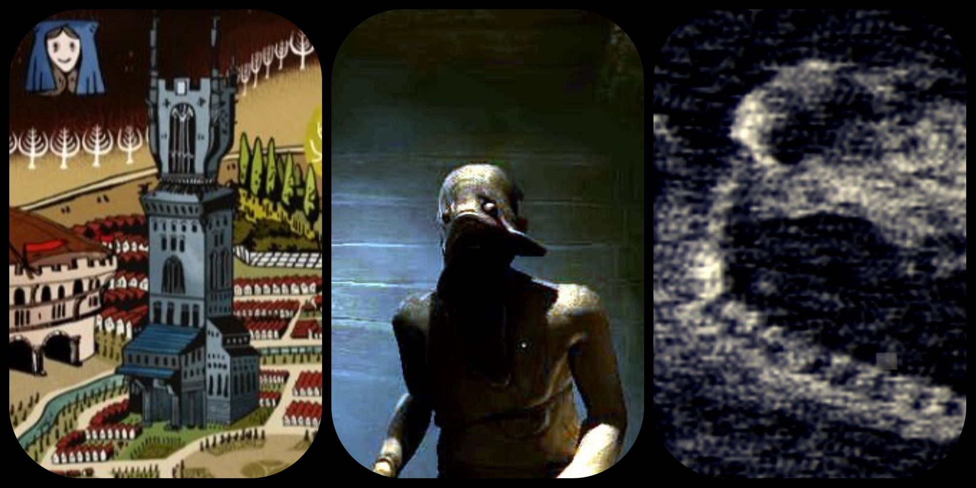 A split image of horror games, including The Yawhg, Slender: The Eight Pages, and Iron Lung