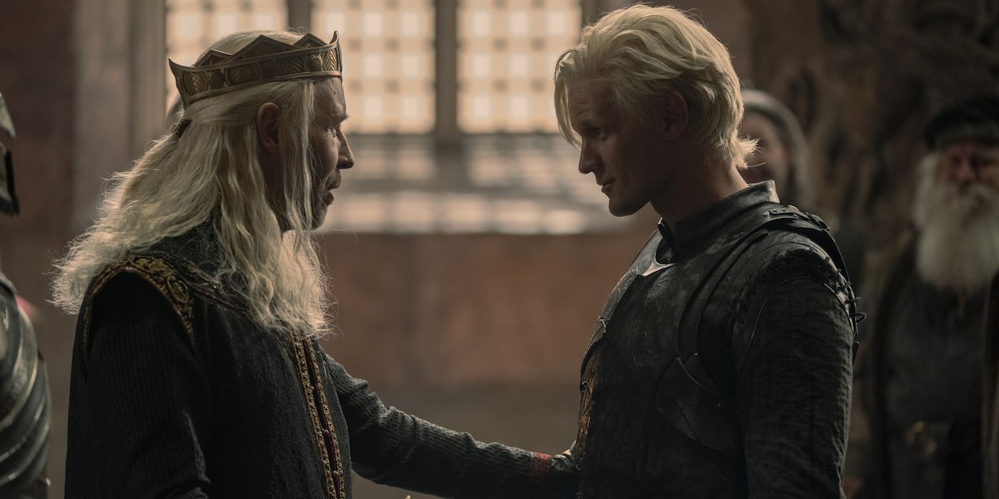 King Viserys I Targaryen and Daemon Targaryen talking in House of the Dragon.
