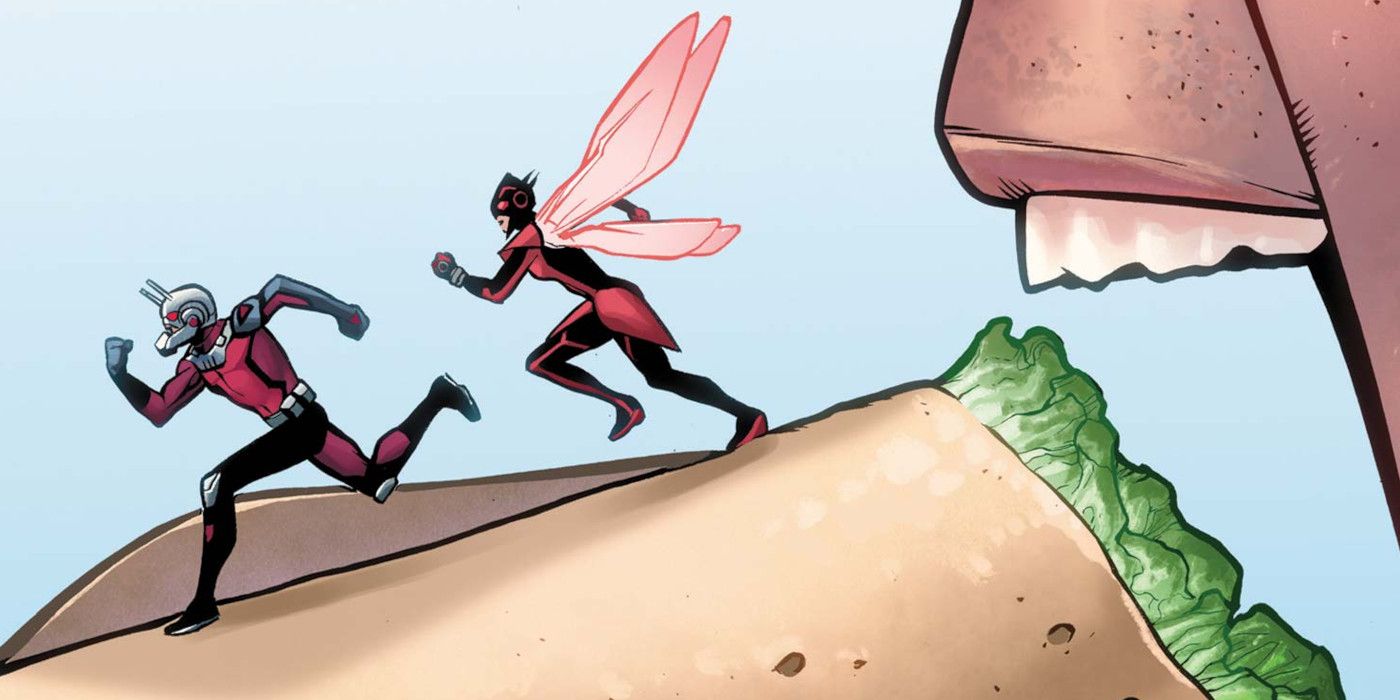 Picture of Ant-man and the Wasp on the cover of Damage Control #2. They stand on top of a burrito and run away from the mouth that is trying to eat it.