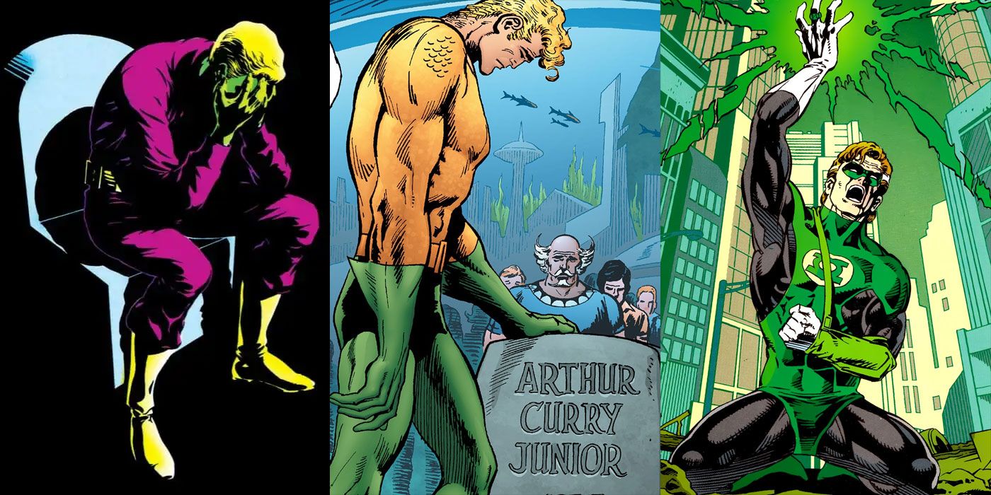 A split image of Brainiac 5, Aquaman, and Hal Jordan in DC Comics