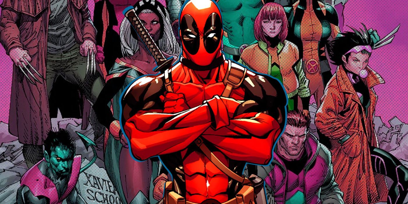 An image of Deadpool standing in front of the X-men