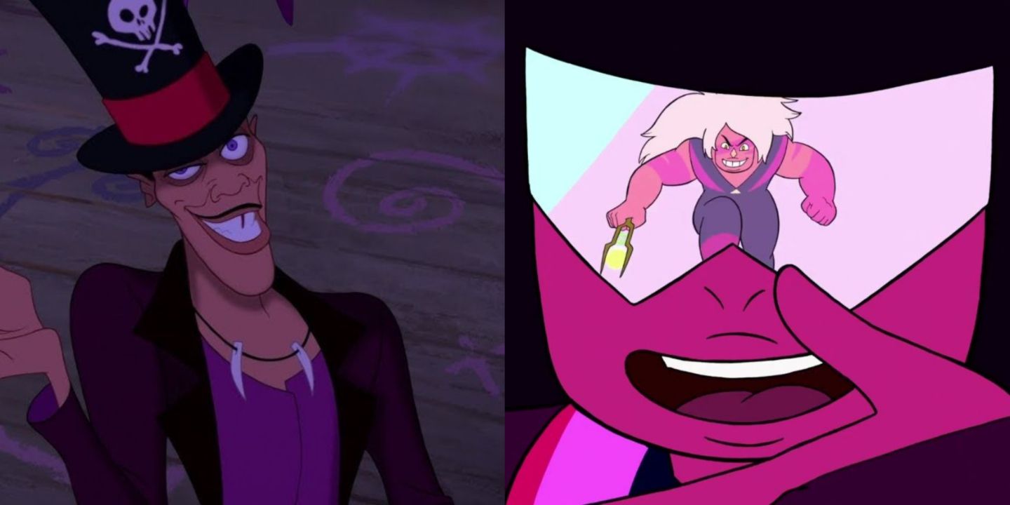 A split image of Garnet from Steven Universe facing Jasper and Disney's Doctor Facilier