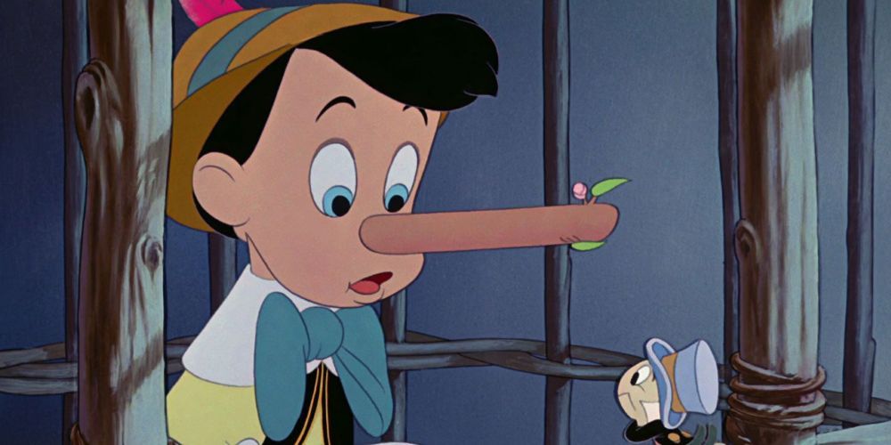 Pinocchio looking down at his longer nose in the original film
