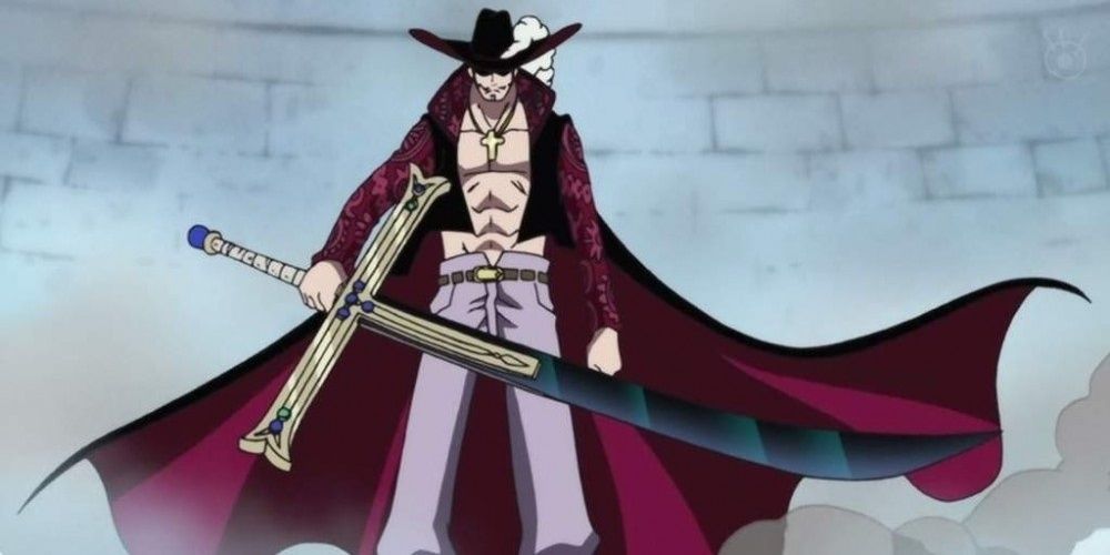 Dracule Mihawk with unsheathes Yoru during the Summit War in One Piece.